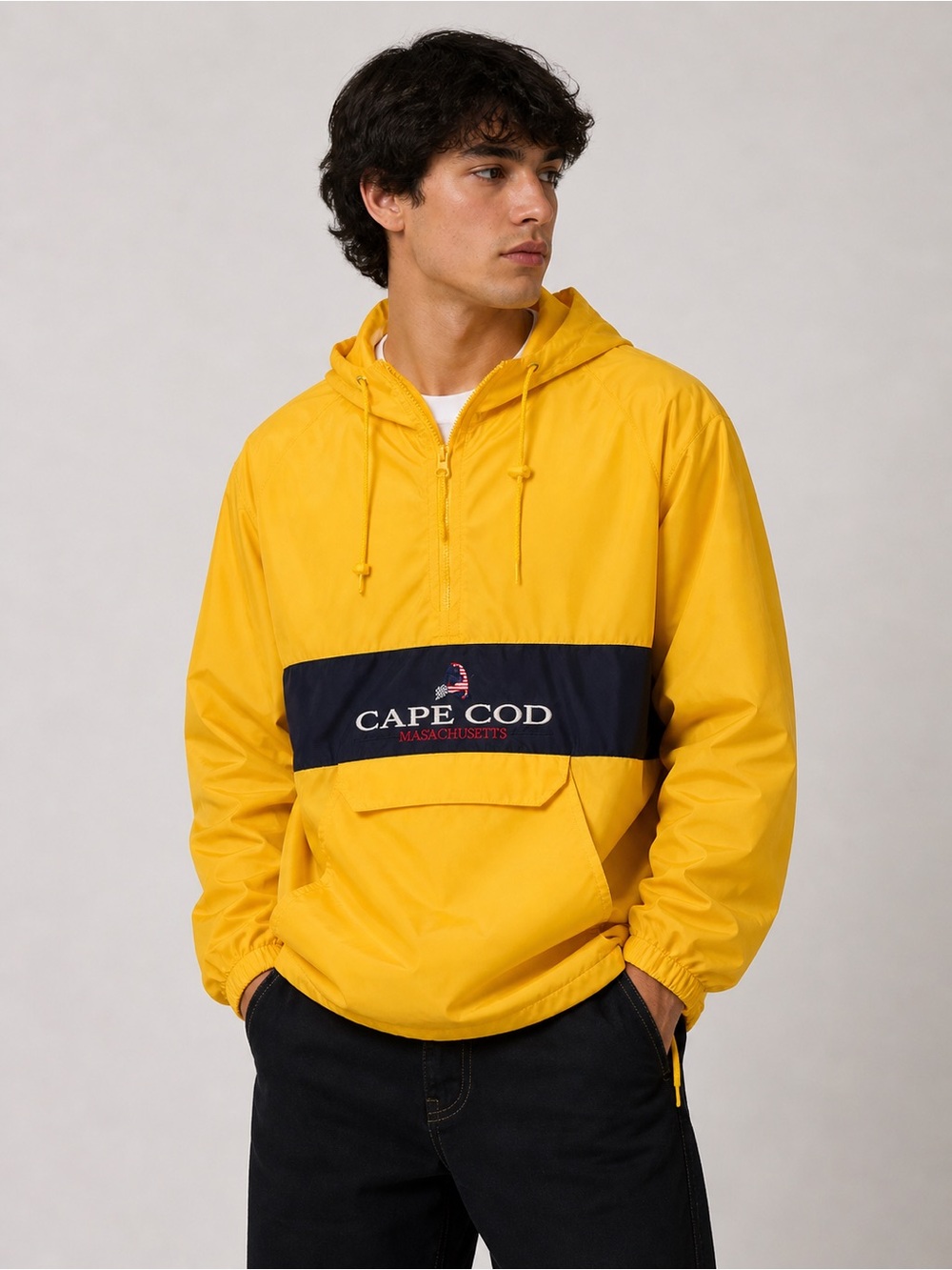 Cape Cod Yellow Hooded Windbreaker with Navy Chest Panel